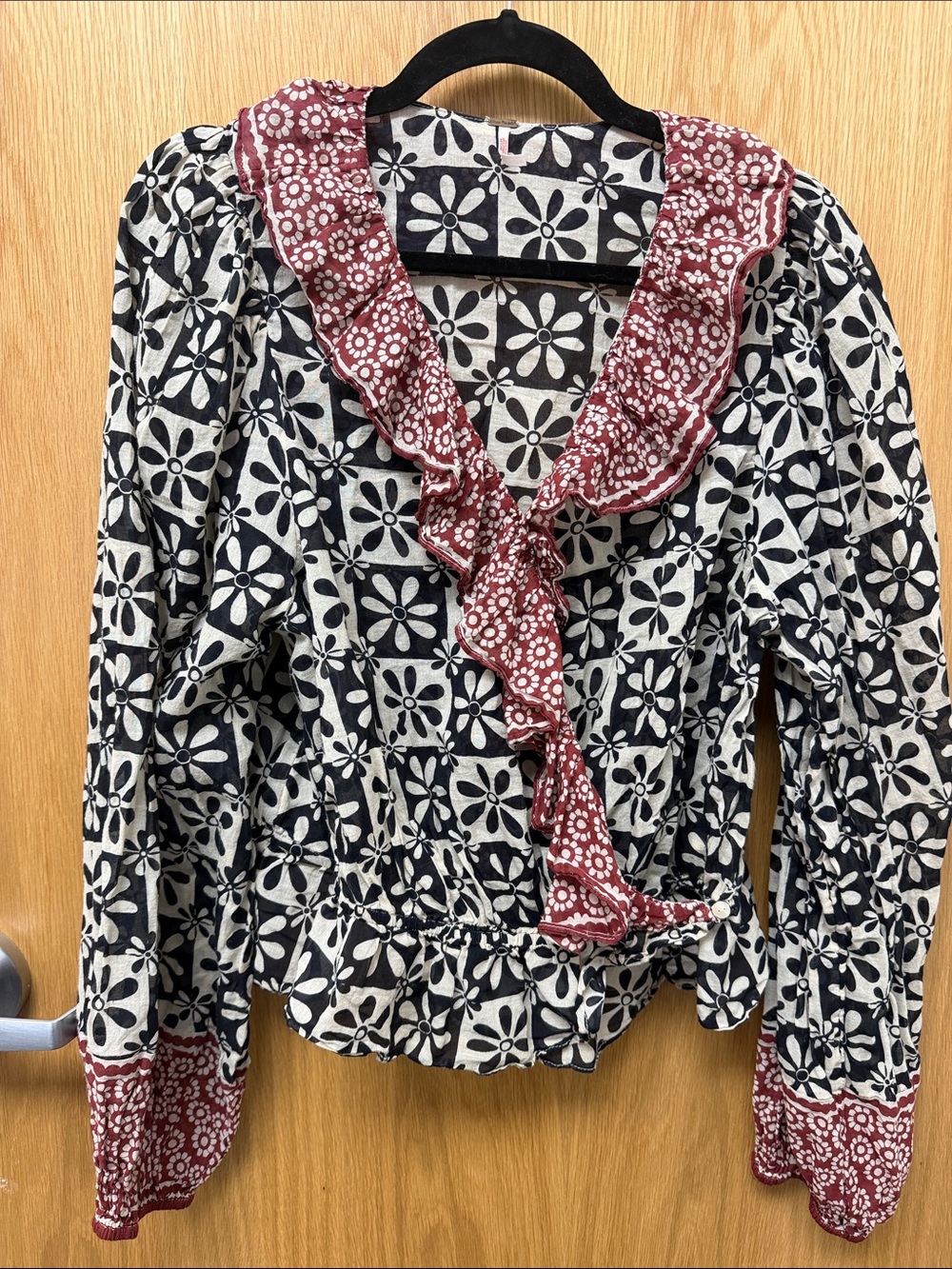Free People Black & White Floral Ruffle-Trim Blouse with Burgundy Accents - Picture 1 of 10